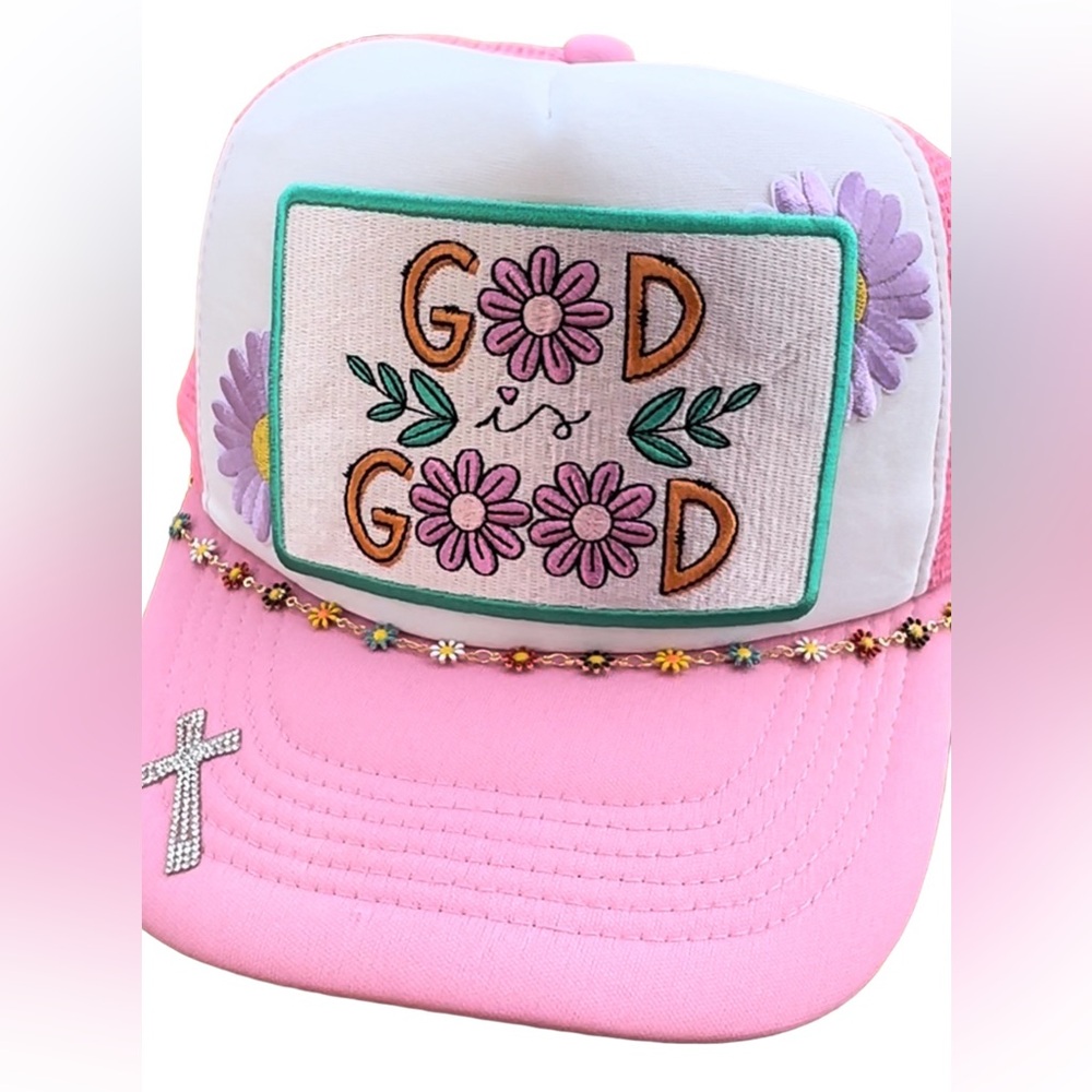 God Is Good Pink Floral Patch Trucker Hat Cap with Floral Chain